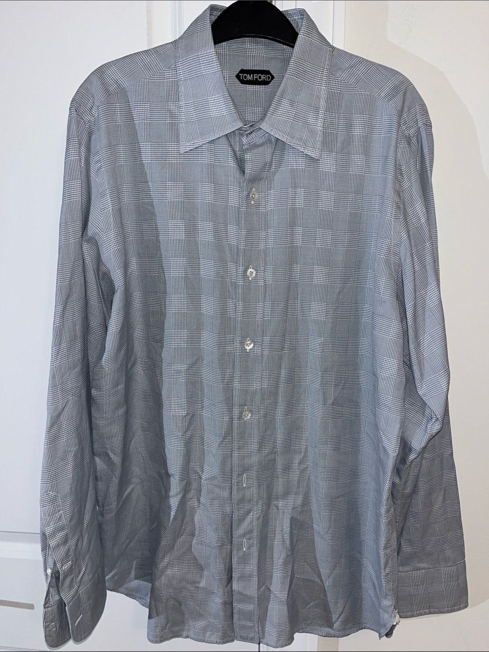 Tom Ford Gray White Houndstooth Glen Plaid Work Dress Shirt 17/43 x 35/36 Italy